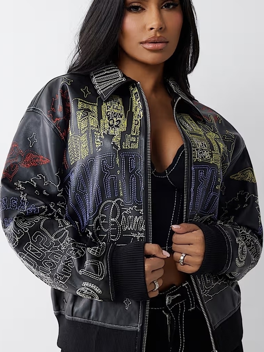 True Religion - Embroidered Black Graphic Bomber Jacket - Women's Size Large.